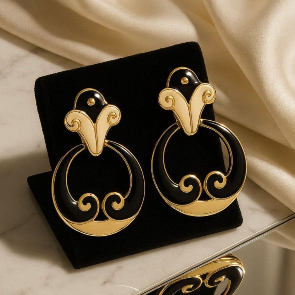 Rams Head Cream and Black Enamel with Gold Swirl Vintage Door Knocker Earrings